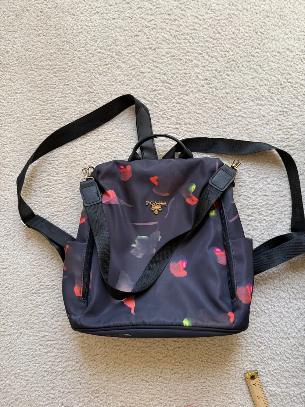 Black Floral Print Nylon Backpack - Women's Convertible Daypack
